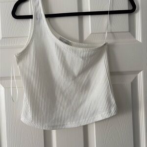 Dress Forum White Ribbed One-Shoulder Top Size Medium Good Used Condition.